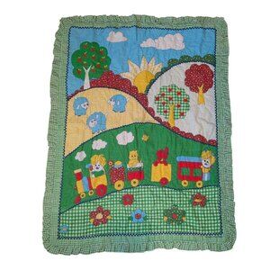 Vtg Thats Our Baby Green Gingham Baby Blanket 33x43" Animal Train Ruffles